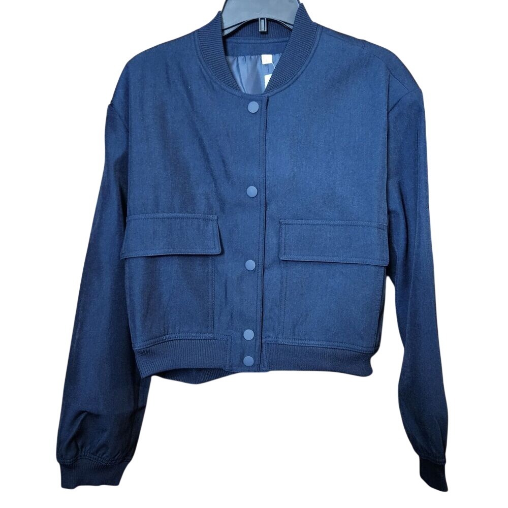 Amy‎ Babe L Cropped Bomber Blue Shacket Varsity Jacket Y2K Streetwear Athleisure